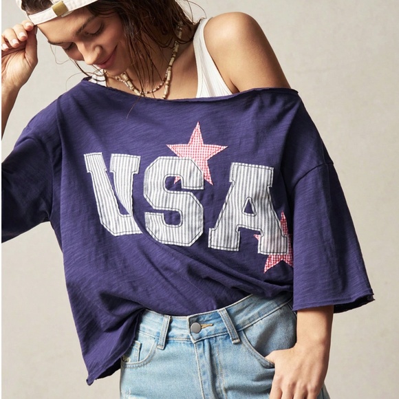 Rouge! Tops - 100% Cotton USA Navy Blue Oversized Boat Cut Neck Tee Shirt